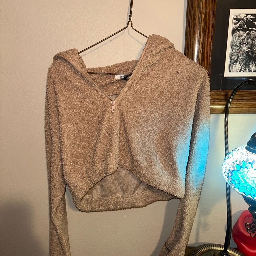 Cozy Tan V-Neck Sweater with Cropped Design